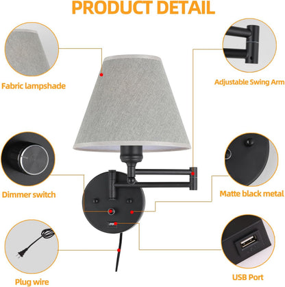 Swing Arm Wall Lamp Plug in Wall Sconces Adjustable Vintage Industrial Reading Light Bedside Wall Mount Light with Dimmable Switch and USB Port Black