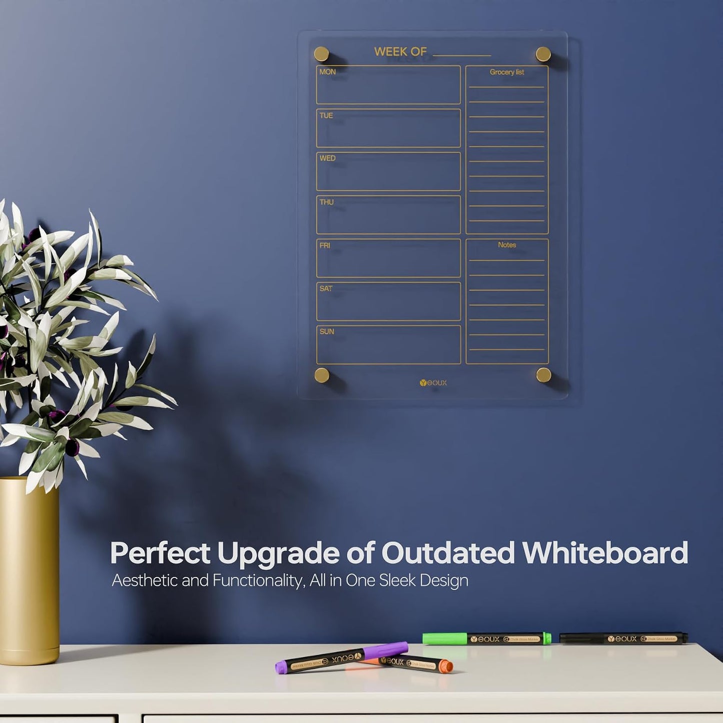 Yeoux Clear Glass Golden Weekly & Menu Dry Erase Calendar Board 15“x11 | Wall Mount, Non-Magnetic, Meal Planning & Grocery Shopping List Whiteboard for Kitchen & Home, 4 Markers