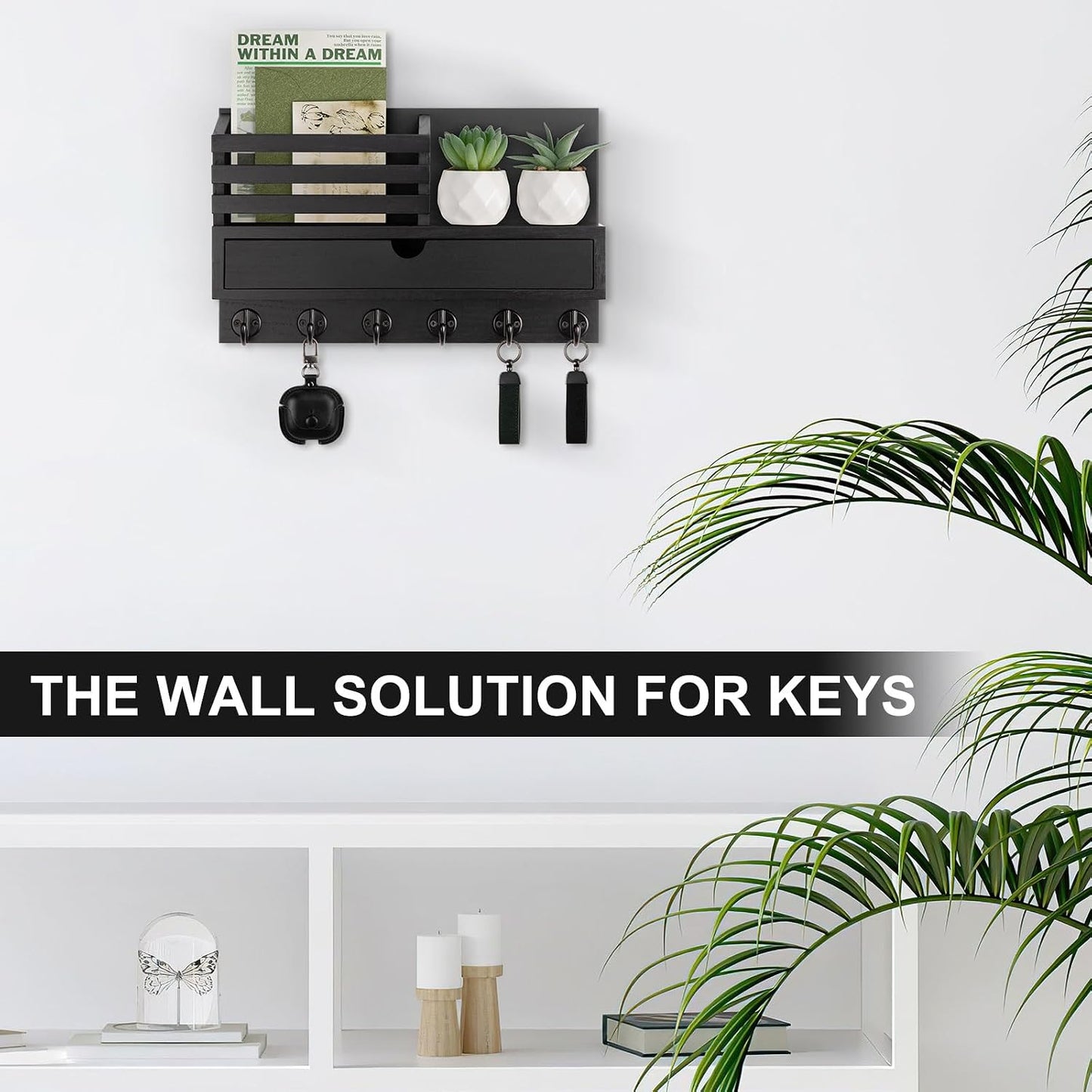 Key Holder Wall Mount, Mail Holder with Storage Drawer | Key and Mail Holder with 5 Key Hooks for Coat, Dog Leash, Home Decor Rack, House Accessories, Entry Way Organizer