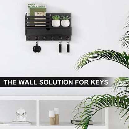 Key Holder Wall Mount, Mail Holder with Storage Drawer | Key and Mail Holder with 5 Key Hooks for Coat, Dog Leash, Home Decor Rack, House Accessories, Entry Way Organizer