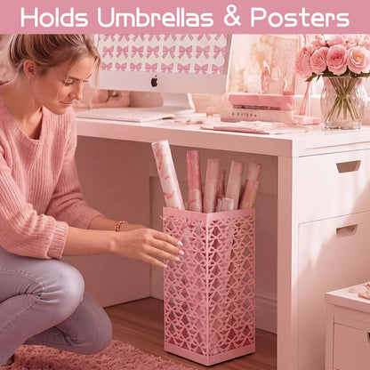 Hicarer Pink Bow Umbrella Holder for Entryway Umbrella Stand with Removable Drip Tray & 4 Hooks Cute Coquette Square Freestanding Walking Sticks Storage Bin for Home Hallway, 16 x 6.3 x 6.3 Inch