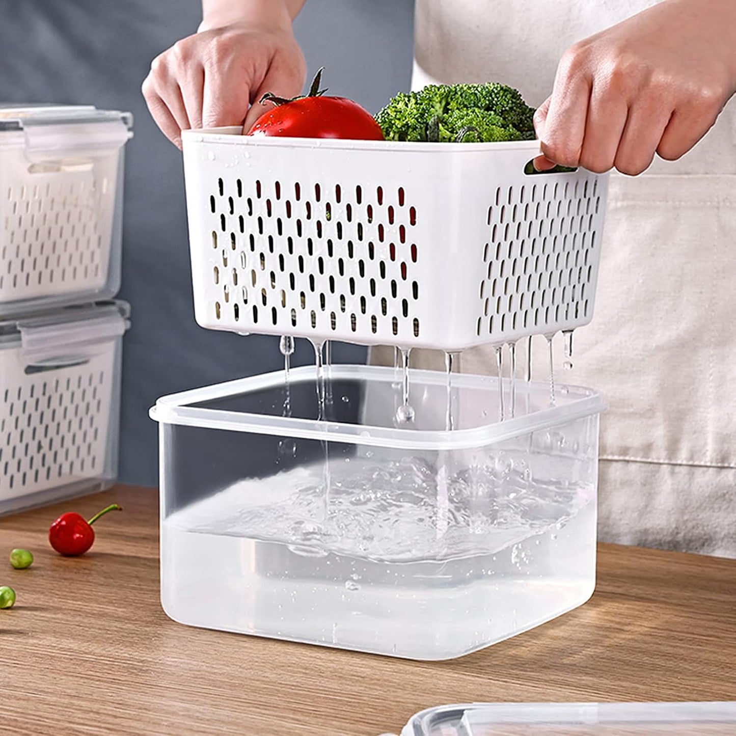3Pack Fridge Food Storage Container Set with Lids with Strainer, Fruit Vegetable Storage Containers Keep Fruits, Vegetables, Berry, Meat Fresh longer, BPA-Free Plastic Produce Keepers