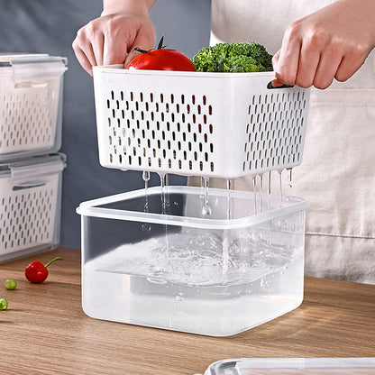 3Pack Fridge Food Storage Container Set with Lids with Strainer, Fruit Vegetable Storage Containers Keep Fruits, Vegetables, Berry, Meat Fresh longer, BPA-Free Plastic Produce Keepers