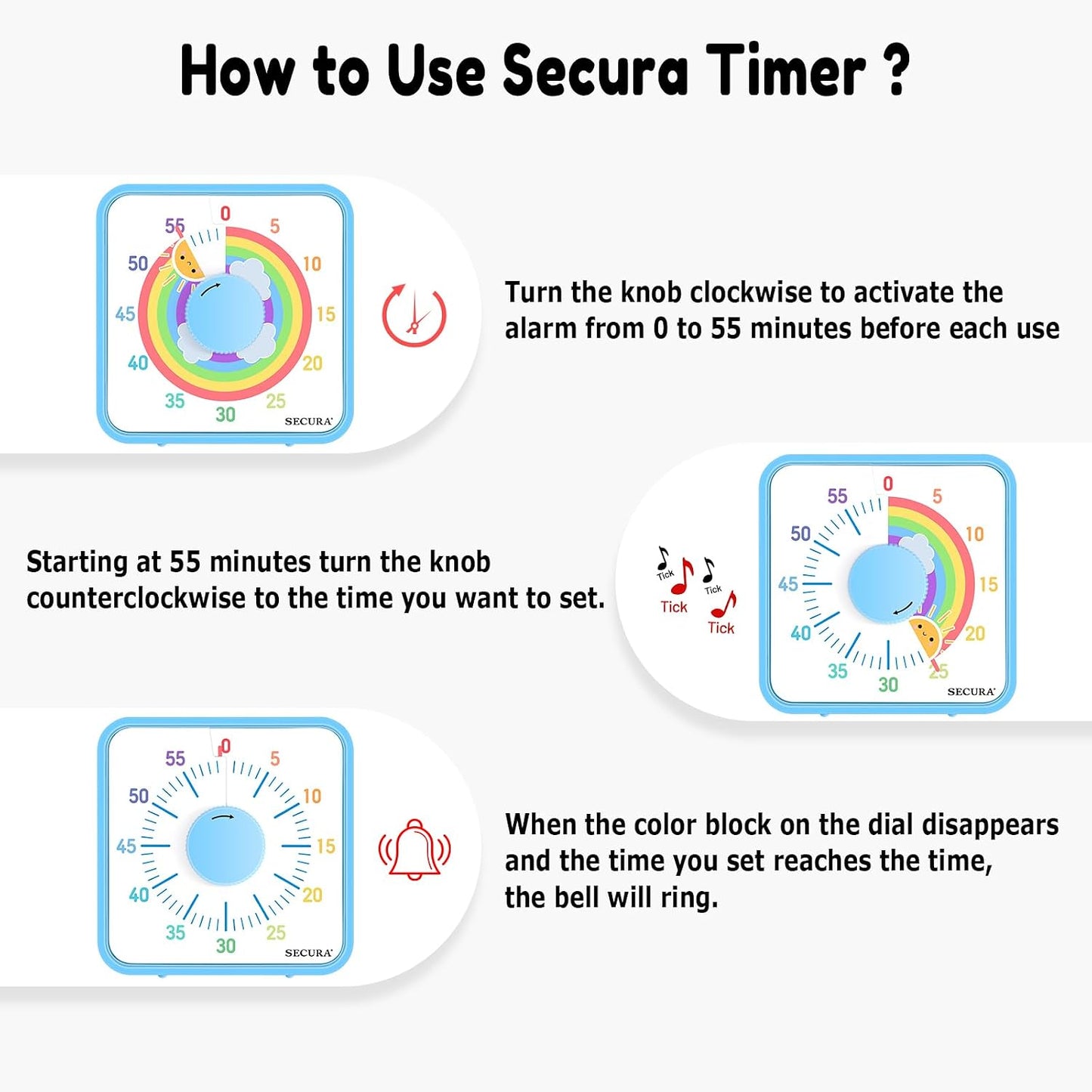 Secura 7.5-Inch Rocket Pattern Visual Timer for Kids, 60-Minute Countdown Timer for Classroom or Kitchen, Durable Mechanical Timer Clock with Magnetic Backing (Blue)