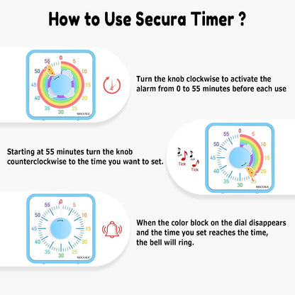 Secura 7.5-Inch Rocket Pattern Visual Timer for Kids, 60-Minute Countdown Timer for Classroom or Kitchen, Durable Mechanical Timer Clock with Magnetic Backing (Blue)