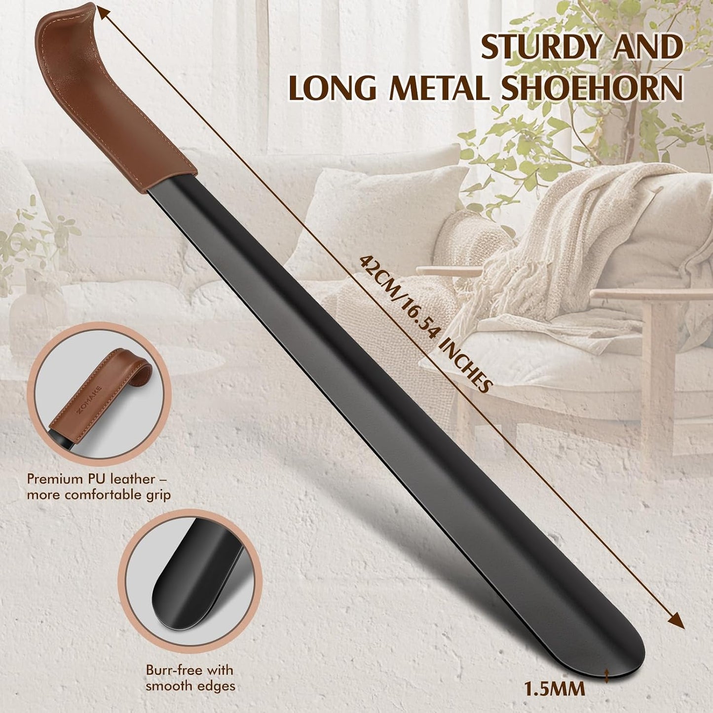 ZOMAKE Shoe Horn Long Handle for Seniors Men Women,Metal Long Shoehorn for Boots,16.5" Shoe Spoon Helper(Brown Handle) | 1Pack Stainless Steel Boot Horn Shoe Spoon Helper, Smooth Edges, Comfort Grip, No Bending Over, Shoe Protection(Brown Handle)