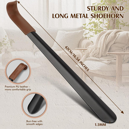 ZOMAKE Shoe Horn Long Handle for Seniors Men Women,Metal Long Shoehorn for Boots,16.5" Shoe Spoon Helper(Brown Handle) | 1Pack Stainless Steel Boot Horn Shoe Spoon Helper, Smooth Edges, Comfort Grip, No Bending Over, Shoe Protection(Brown Handle)