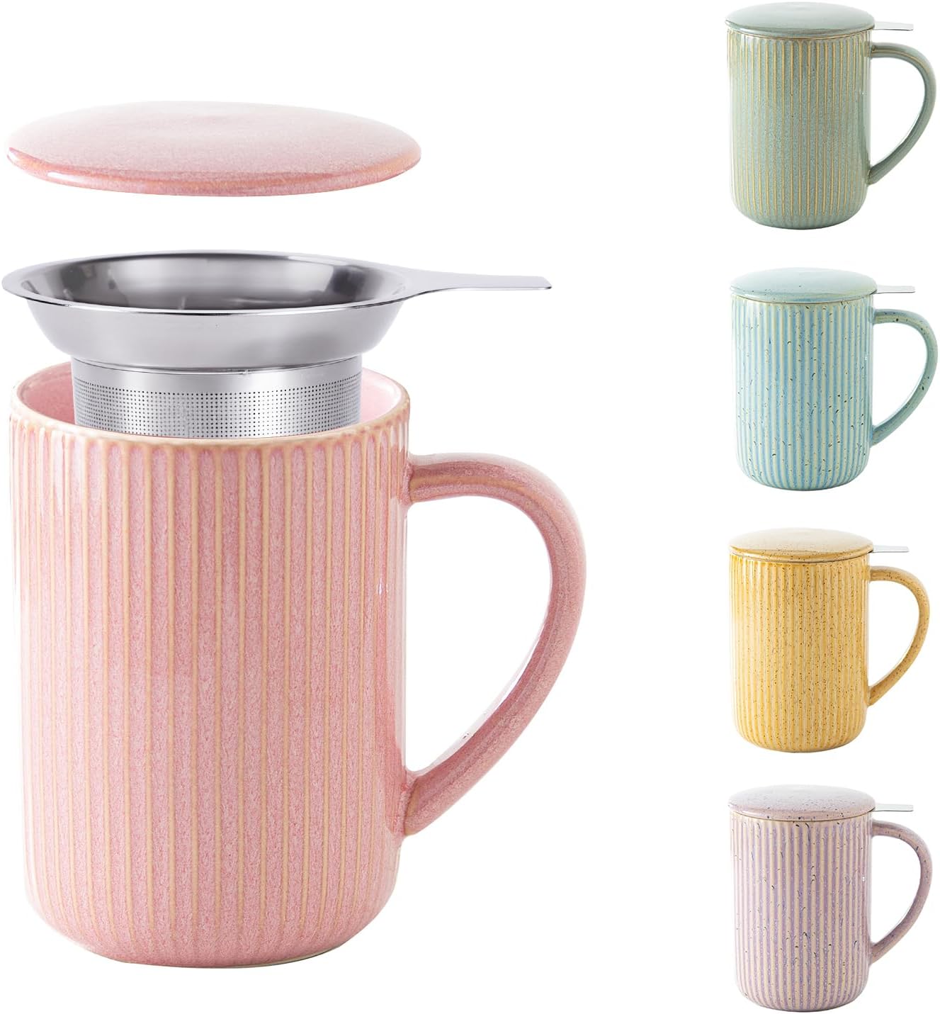 Yundu 15.5oz/470ml Flambe Purple Ceramics Teacups with Infuser and Lid, Loose Leaf Tea Cup