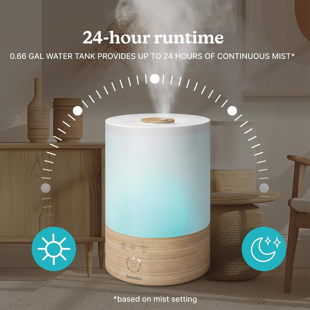 Homedics Cool Mist Ultrasonic Humidifier, 8-Colors Night Light