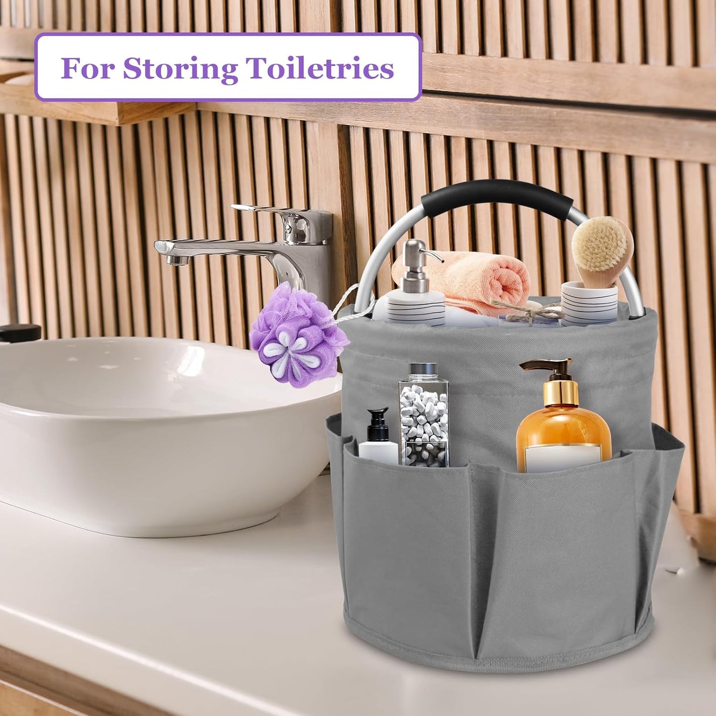 17L Cleaning Caddy with Handle and 6 Pockets, Foldable Cleaning Supply Caddy, Portable Shower Caddy in 600D Oxford Fabric, Multifunctional Storage Basket for Camping, Gardening, Black