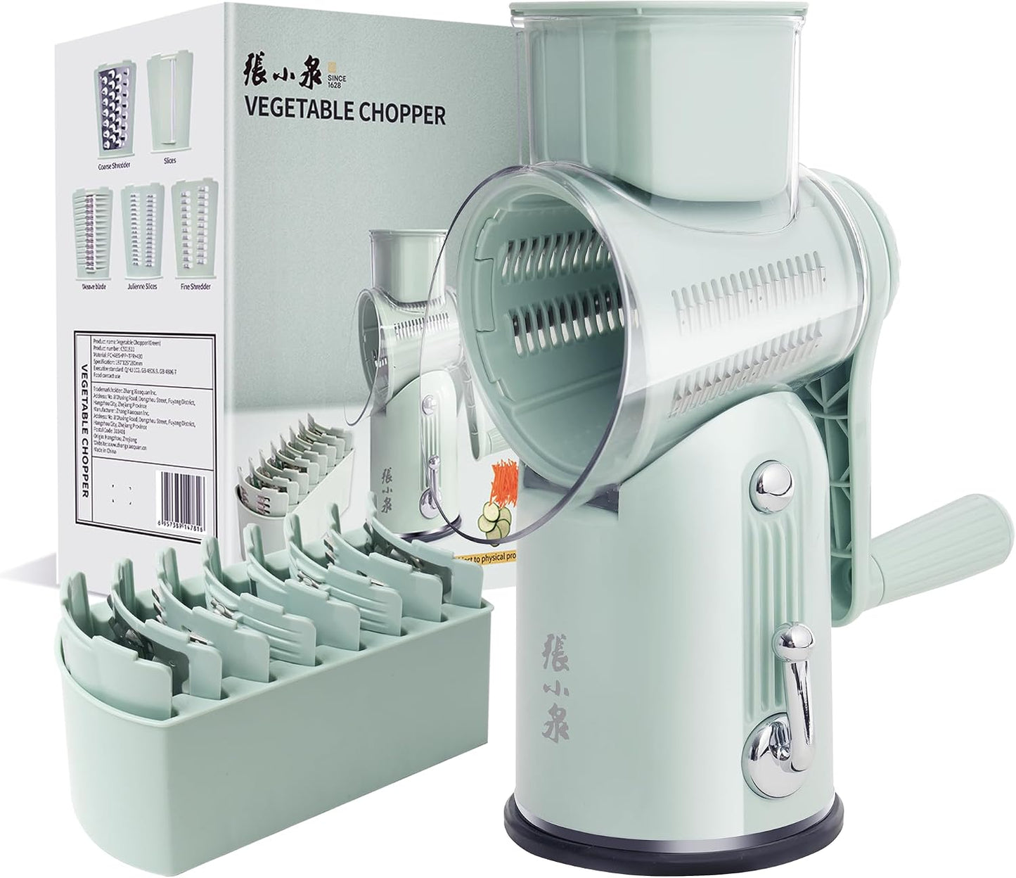Rotary Cheese Grater Manual Hand Crank with 5 Blades & Suction Base, Kitchen Vegetable Shredder Slicer for Veggie, Nuts, Fruit, Cream