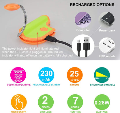 BIGMONAT Rechargeable Book Reading Light in Bed,Dimmable Warm/White Book Light for Kids,Multi Colors Portable LED Reading Lamp with Rotary Light Neck,Wireless Clip on Reading Light for Student(Green)
