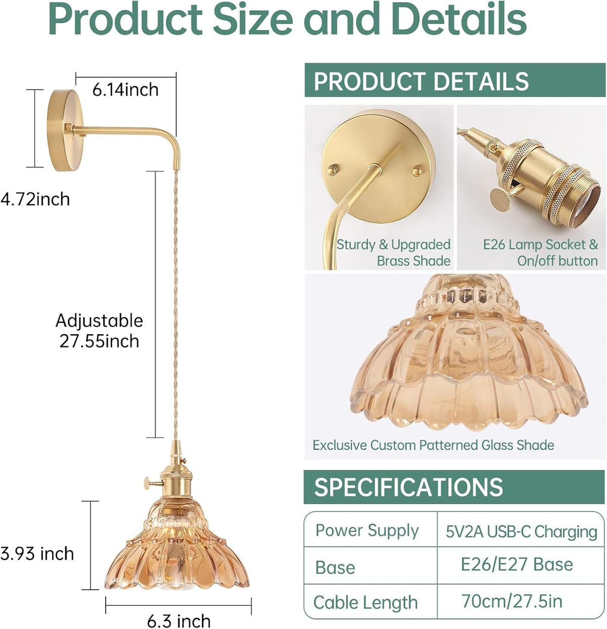 Shenmoyl Battery Operated Wall Sconce Wall Lamp with Green Lily of the Valley Shade Pattern Glass Adjustable Chain Retro Gold Wall Mounted Light, Modern Wall Lamp Fixtures Decor for Bedside Bedroom