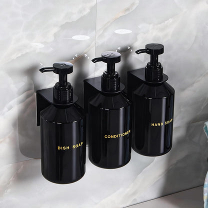 Wall Mounted Shampoo Dispenser for Shower, 3 Chamber 16.9 fl oz Each, 4CC Pump Soap Dispenser for Bathroom, Glossy Black Shampoo and Conditioner Dispenser with Crystal Labels (Brown)