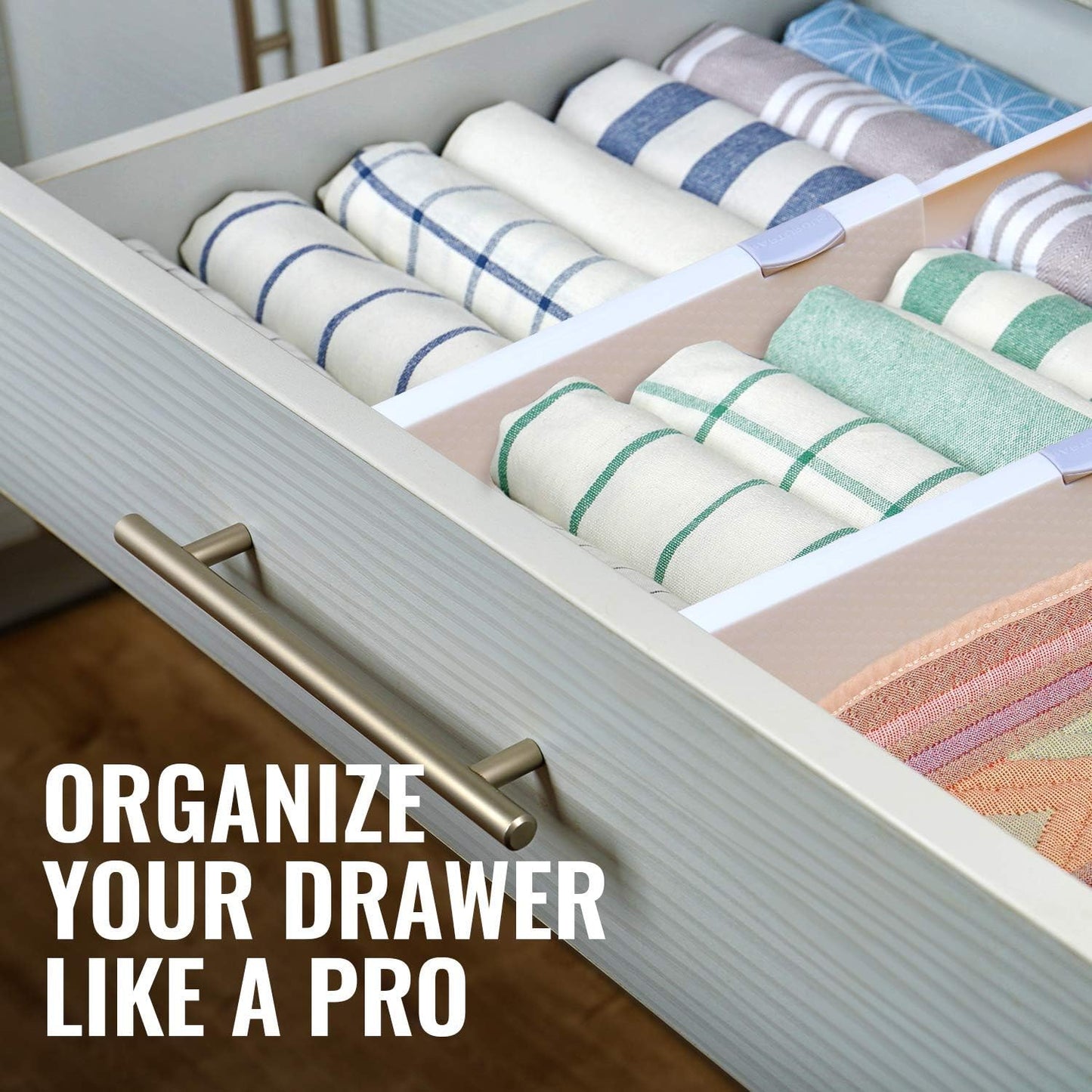 RAPTUROUS Adjustable Deep Drawer Divider – 6" Tall, Expandable 13-22", 4-Pack, Non-Slip Drawer Dividers for Clothes, Dresser, Kitchen & Office Organization (White)