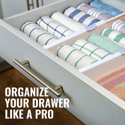 RAPTUROUS Adjustable Deep Drawer Divider – 6" Tall, Expandable 13-22", 4-Pack, Non-Slip Drawer Dividers for Clothes, Dresser, Kitchen & Office Organization (White)