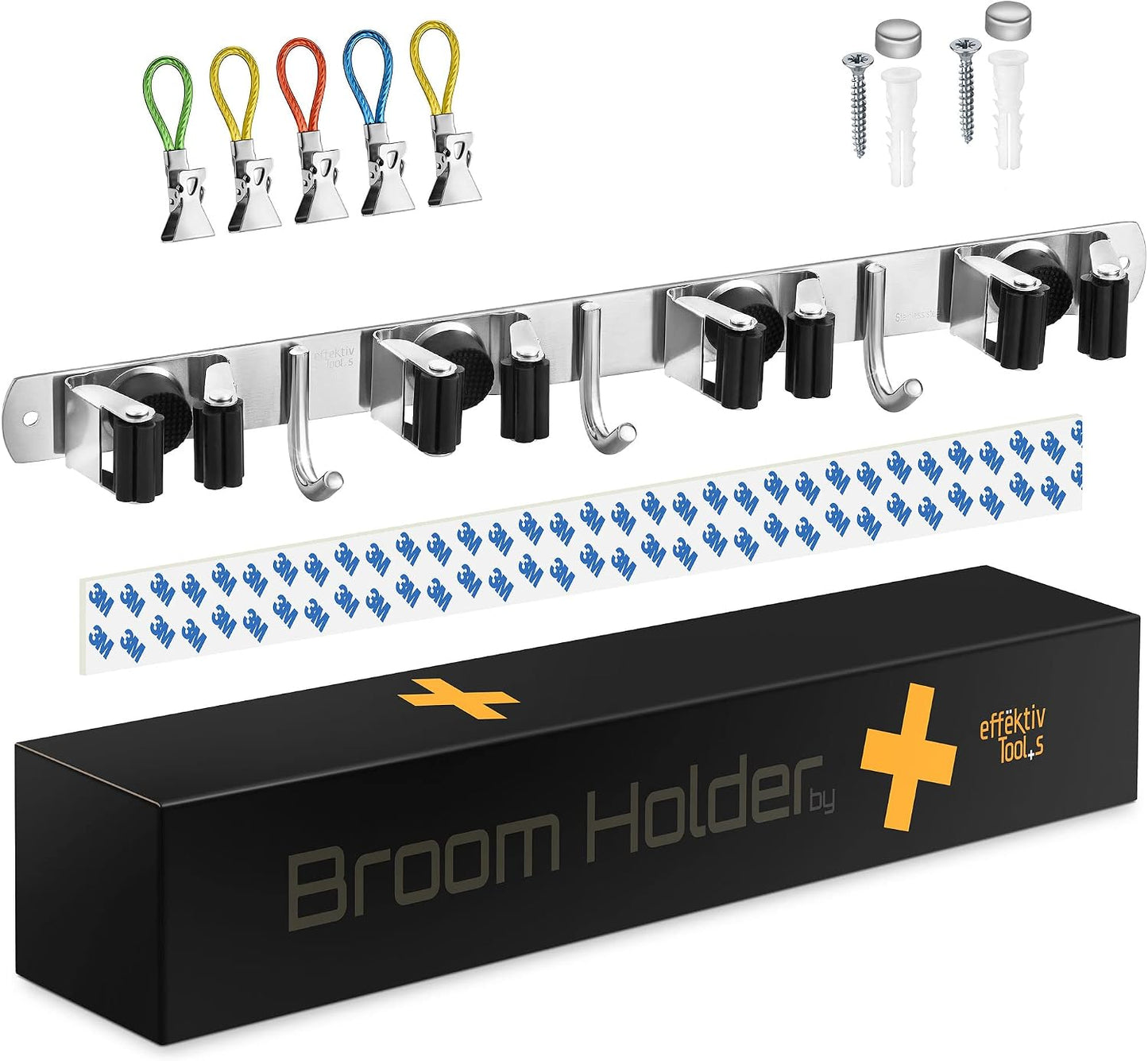 Wall Mount Hanger for Brooms & Mops - Adhesive Stainless Steel Mops & Broom Holder, 4 Clamps, 3 Hooks, & 5 Towel Hanger Clips Including Mounting Hardware for Utility Room Organization