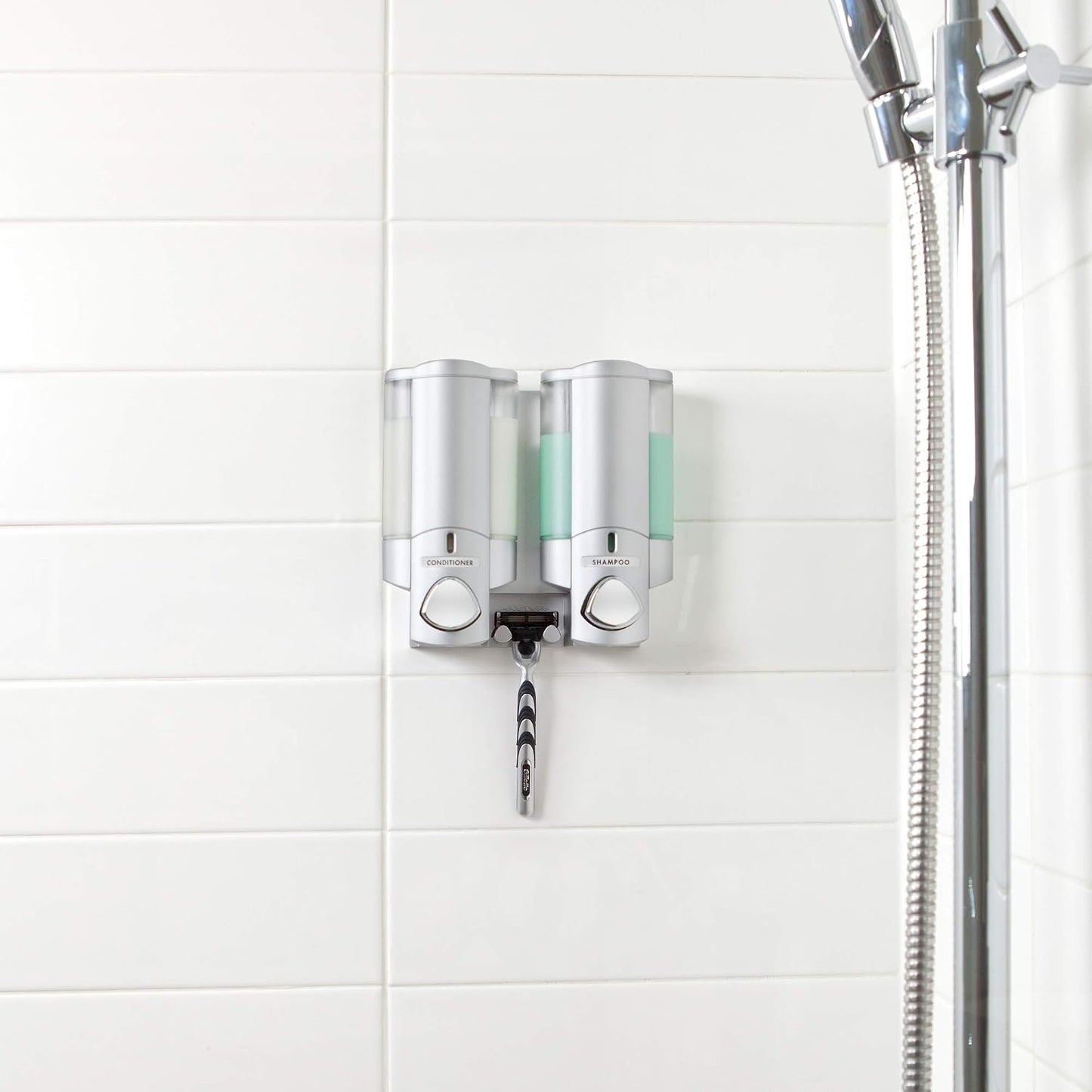 Better Living Aviva Wall Mount Shower Dispenser, 3 x 11 oz, Satin Silver | 3 Chamber, Shower Dispenser for Bathroom, Built-in Hooks, No Drill, Waterproof Dispenser Pump