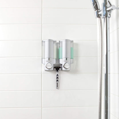 Better Living Aviva Wall Mount Shower Dispenser, 3 x 11 oz, Satin Silver | 3 Chamber, Shower Dispenser for Bathroom, Built-in Hooks, No Drill, Waterproof Dispenser Pump