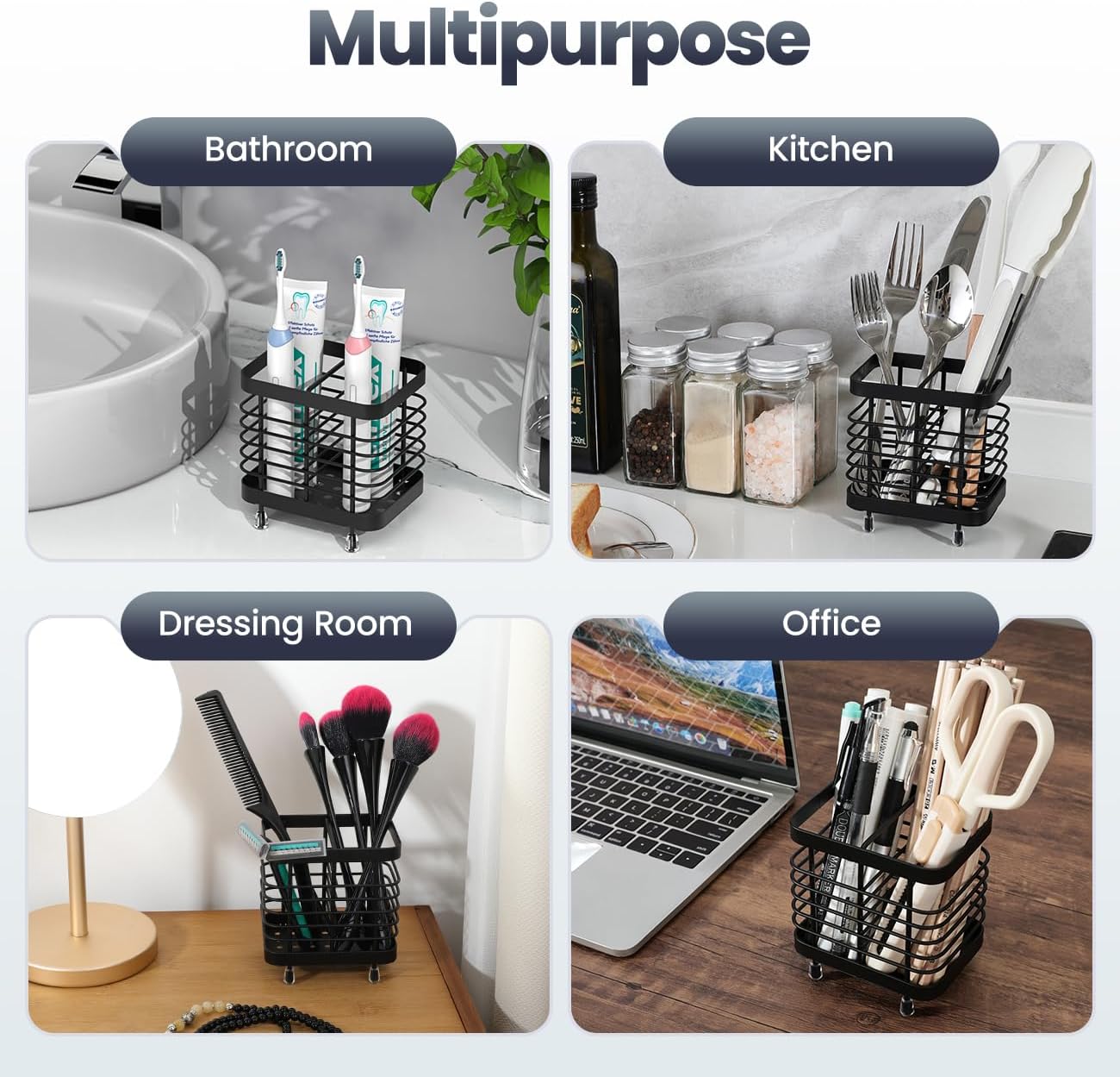 Luxspire Toothbrush Holders for Bathroom, Stainless Steel, 6 Slots, Black | Toothbrush Holders With Drainage, For Bathroom Countertop & Kitchen Sink, Bathroom Accessories