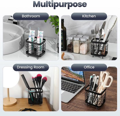 Luxspire Toothbrush Holders for Bathroom, Stainless Steel, 6 Slots, Black | Toothbrush Holders With Drainage, For Bathroom Countertop & Kitchen Sink, Bathroom Accessories