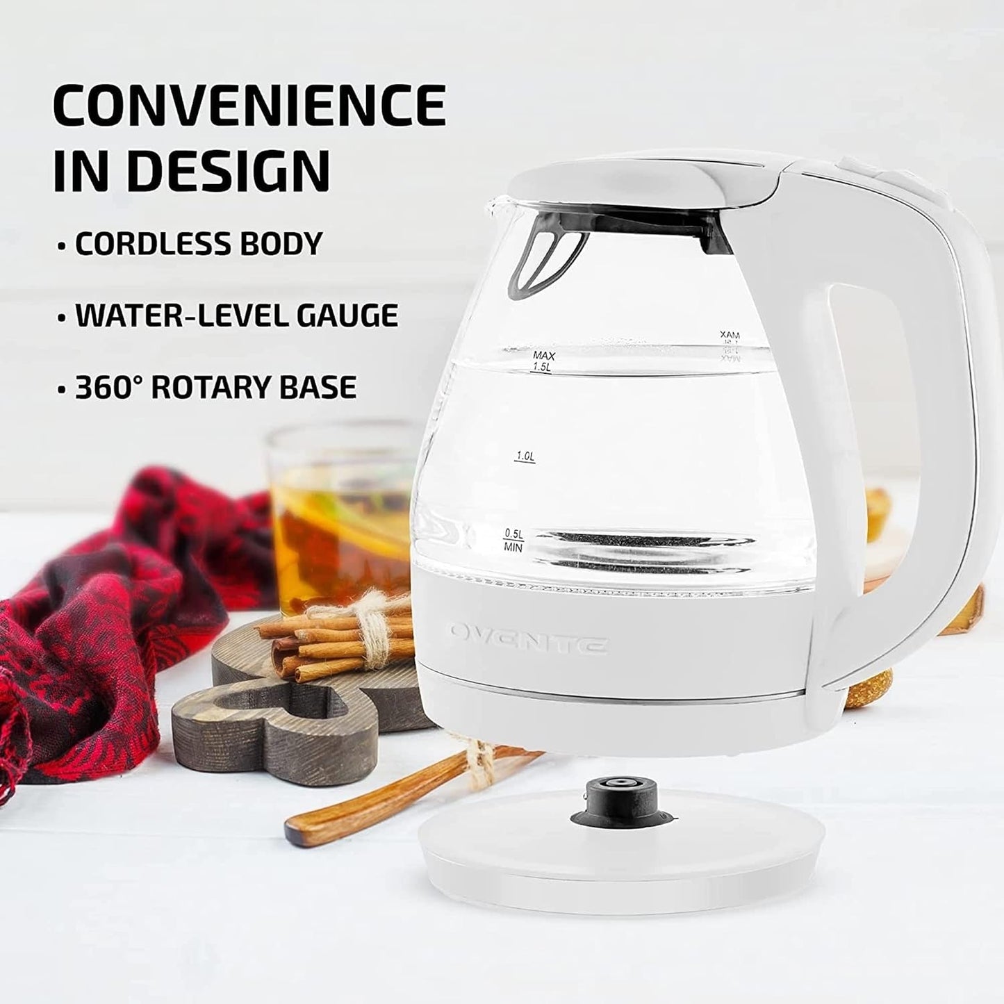 OVENTE 1.5L Glass Electric Kettle Water Boiler, Black KG83B | 1100W Fast Boiling, Borosilicate Glass, BPA-Free, Blue LED, Auto Shut-Off, Boil-Dry Protection, Removable Filter, 360° Base