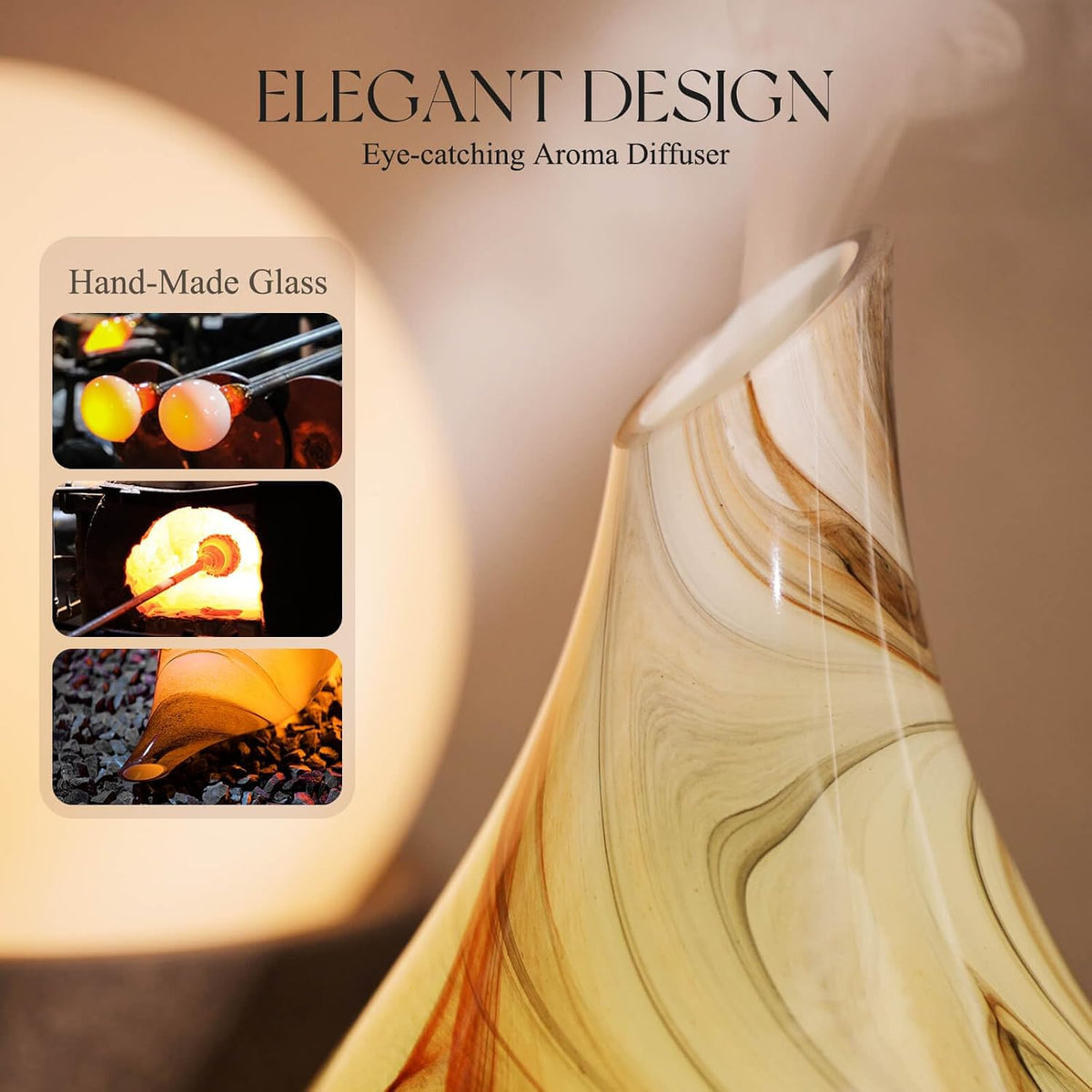 Porseme Essential Oil Diffuser 280ml Handmade Glass Diffuser 7H Runtime | Elegant Handmade Glass Aroma Diffuser with 7-color LEDs, Quiet Aromatherapy and Safe Auto Shut-off, Perfect for Gifts