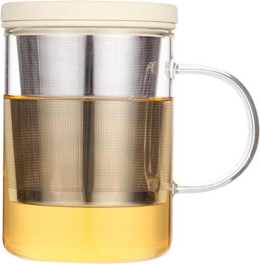emoi 15 oz Glass Tea Cup with Infuser & Lid, Ideal for Loose Leaf Tea, Gray | Tea Mug with Extra Fine Mesh 304 Stainless Steel Steeper & Silicone Lid, Brew a Perfect Cup Easily at Home or Office