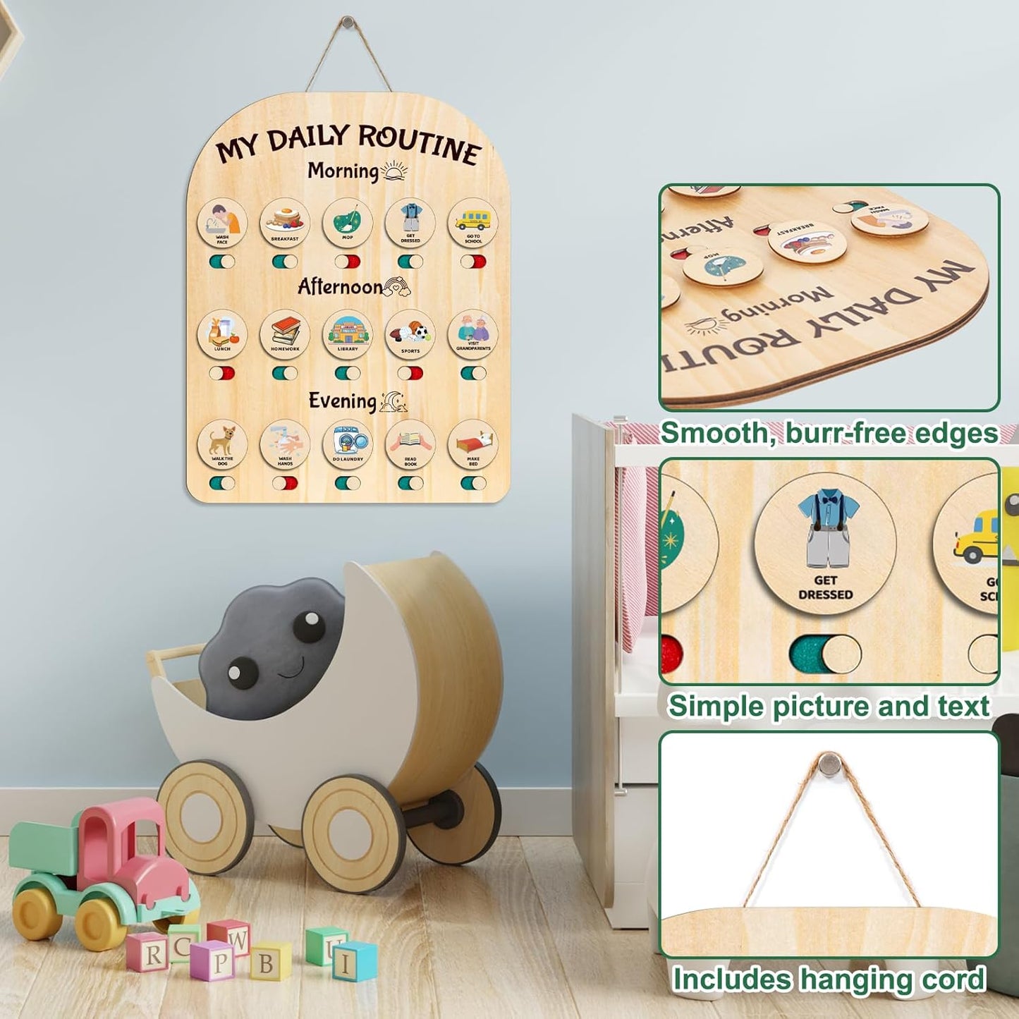 Wooden Chore Chart for Kids, Daily Visual Routine Schedule Educational Gift | 80 Task Cards & Sliding Buttons | Morning & Bedtime Responsibility Board for Toddlers Ages 3-5 | Montessori Educational Gift