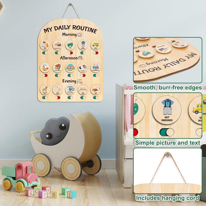Wooden Chore Chart for Kids, Daily Visual Routine Schedule Educational Gift | 80 Task Cards & Sliding Buttons | Morning & Bedtime Responsibility Board for Toddlers Ages 3-5 | Montessori Educational Gift