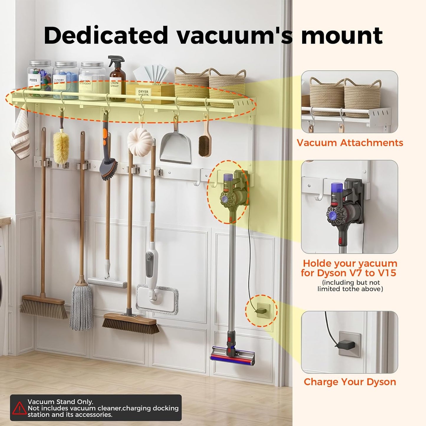 Broom Holder Wall Mount with Shelf, Black, L | 3 in 1 Broom and Mop Organizer, Wall Hanging, For Laundry, Garage, Utility, Vacuum Stand Alternative