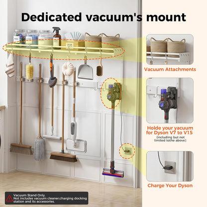 Broom Holder Wall Mount with Shelf, Black, L | 3 in 1 Broom and Mop Organizer, Wall Hanging, For Laundry, Garage, Utility, Vacuum Stand Alternative