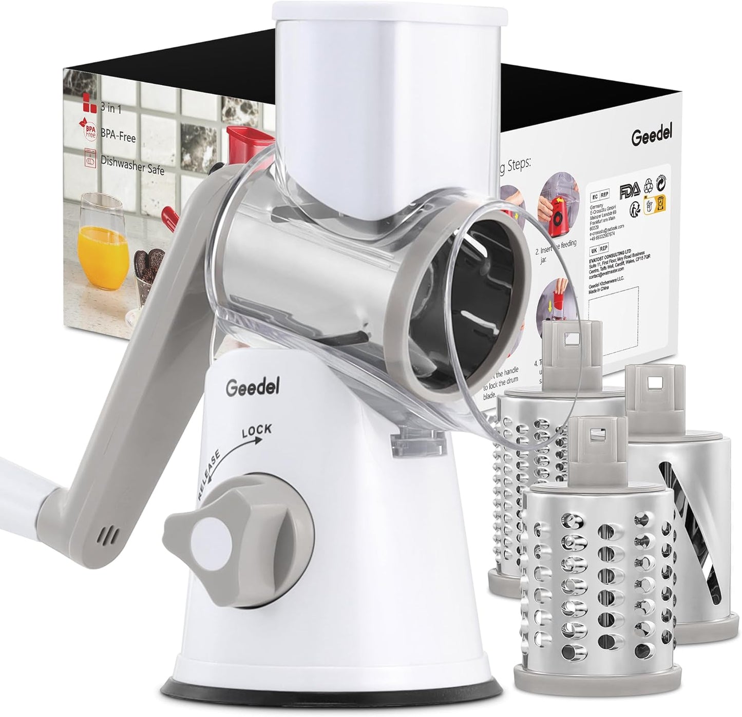 Geedel Rotary Cheese Grater, Kitchen Mandoline Vegetable Slicer with 3 Interchangeable Blades, Easy to Clean Rotary Grater Slicer for Fruit, Vegetables, Nuts | 3 Blades, 430 Stainless Steel, 12x Fast Cutting, Strong Suction Base, No BPA, Dishwasher Safe,