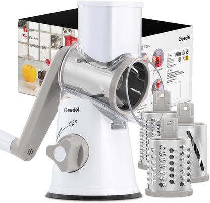 Geedel Rotary Cheese Grater, Kitchen Mandoline Vegetable Slicer with 3 Interchangeable Blades, Easy to Clean Rotary Grater Slicer for Fruit, Vegetables, Nuts | 3 Blades, 430 Stainless Steel, 12x Fast Cutting, Strong Suction Base, No BPA, Dishwasher Safe,