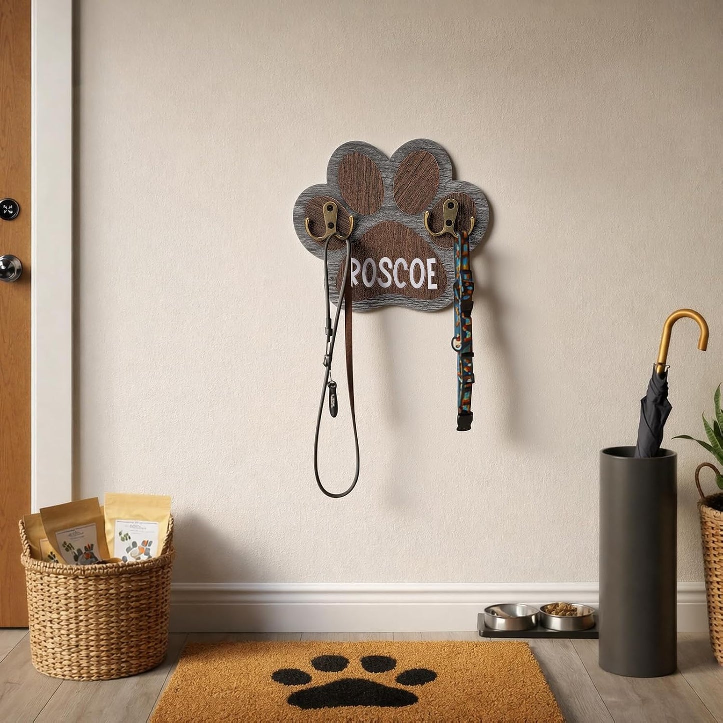 Kathfly Wooden Dog Leash Holder for Wall Paw-Shaped Pet Harness Hanger 52 Letters Leash Hook Hangers Cat Collar Organizer Keychain Towels for Entryway Pet Loss Gifts Keepsake Home Decor (Double Hook)