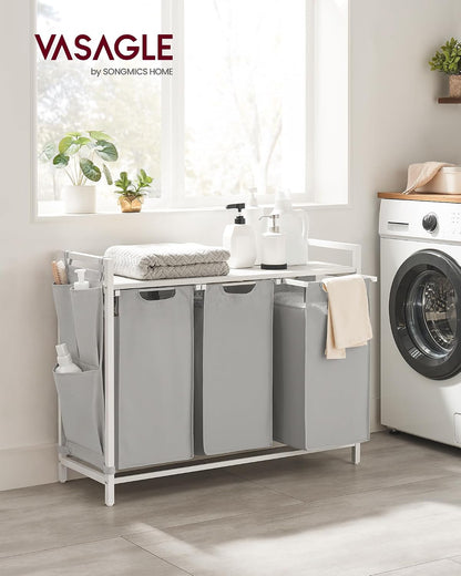 VASAGLE Laundry Hamper, Laundry Basket Sorter with 3 Pull-Out and Removable Bags, Shelf, Metal Frame, 3 x 10.6 Gallons (40 L), 36.4 x 13 x 28.4 Inches, Cappuccino Beige and Natural Beige UBLH301LH01