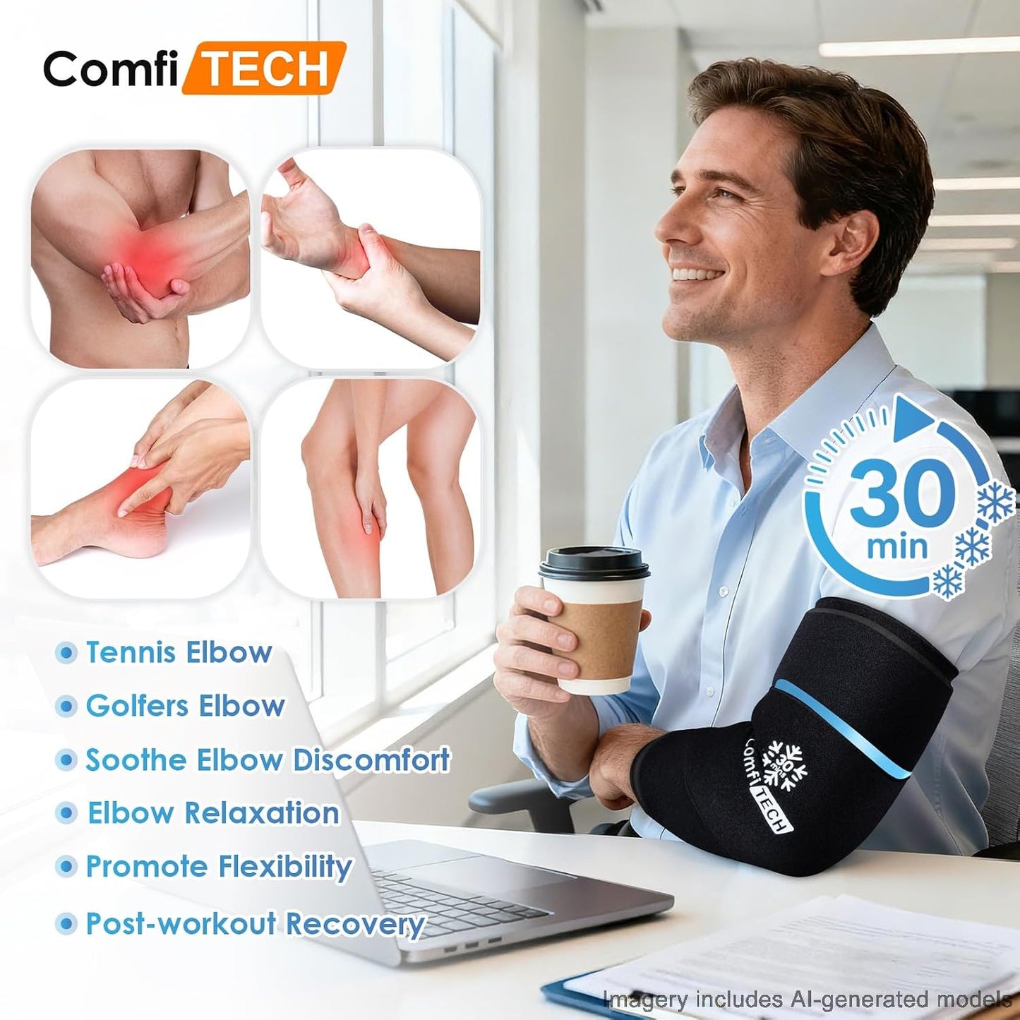 ComfiTECH Dual-Gel Elbow Ice Pack Wrap for Arm with 30-Min Cooling, L | Reusable Gel Forearm Brace for Tendonitis & Injuries, Cold Compression Sleeve for Pitchers, Tennis Elbow & Golfer Arm Relief