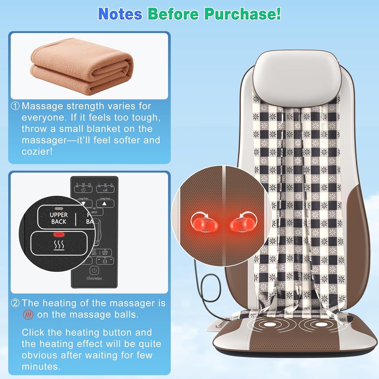 Back Massager with Soft Plush Fabric Cover, Massage Seat Cushion with 8 Vibration Motors & 2 Heating Levels, Chair Massager for Recliner, Office Chair, Sofa Use