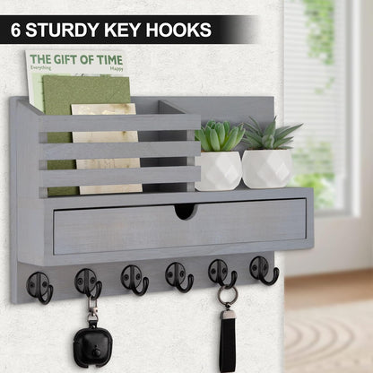 Key Holder Wall Mount, Mail Holder with Storage Drawer | Key and Mail Holder with 5 Key Hooks for Coat, Dog Leash, Home Decor Rack, House Accessories, Entry Way Organizer