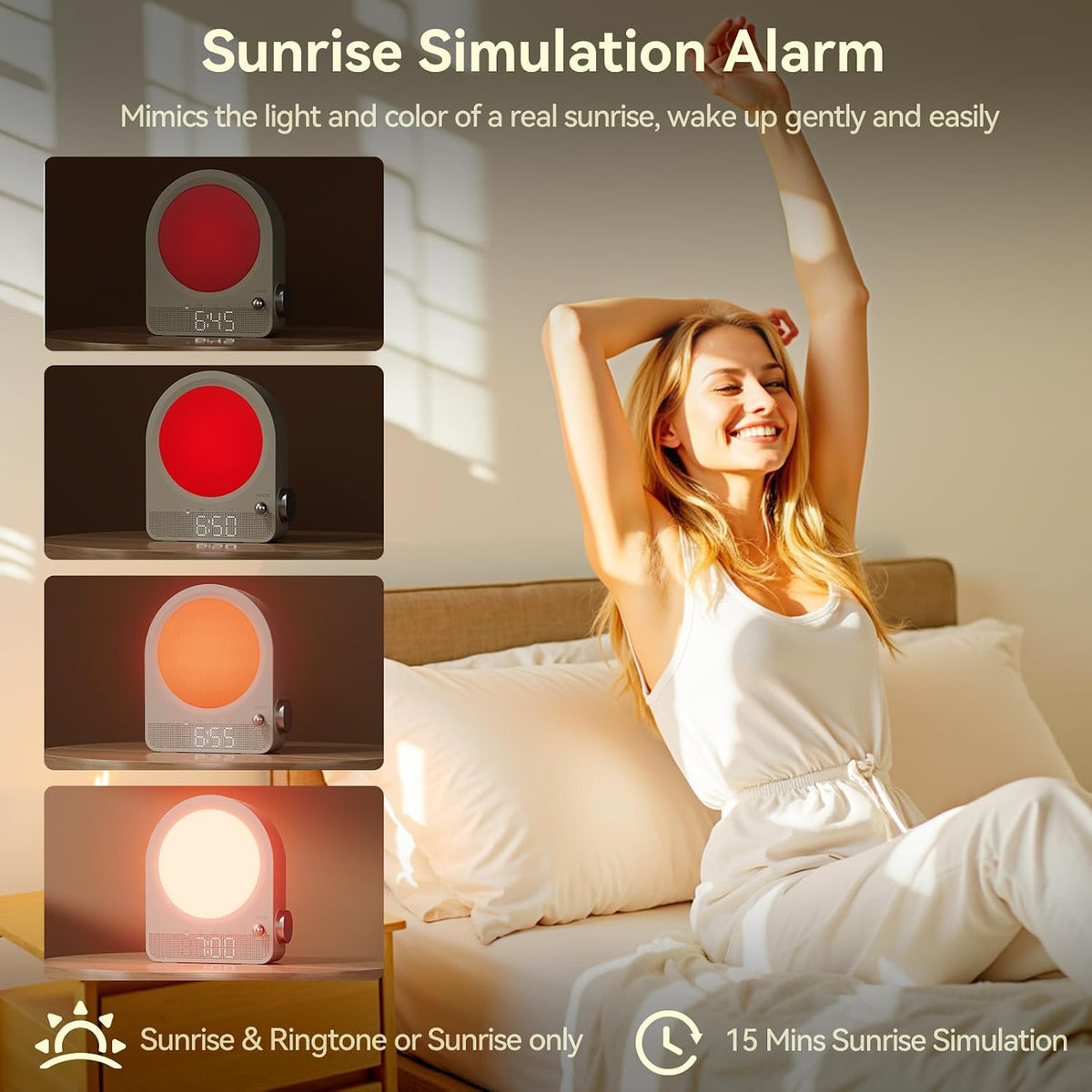 Vivilumens Gradual Sunrise Alarm Clock & White Noise Sound Machine for Better Sleep - Wood Grain Design, Wake-Up Light, Night Light, 10 Natural Sounds, Dual Alarms for Heavy Sleepers
