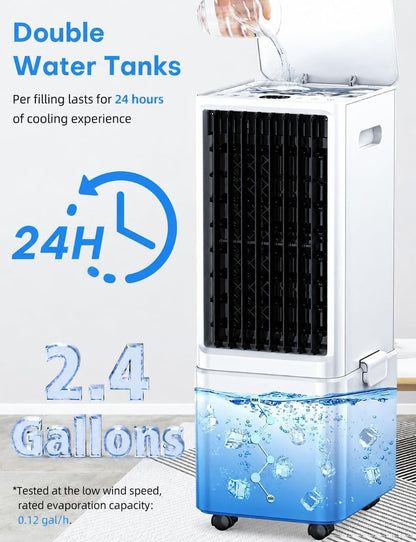 Windowless Air Conditioner w/4 Mode,3 Speed, Waterless Alert,2.4-Gal Tank for 24H Cooling, 12H Timer Swamp Cooler Air Conditioner, 20FT Remote,70° Auto Swing Evaporative Air Cooler for Bedroom