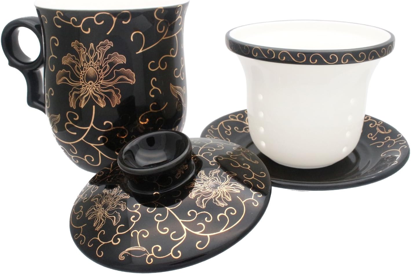 Porcelain Tea Cup with Infuser Lid and Saucer Sets - Chinese Jingdezhen Ceramics Coffee Mug Teacup Loose Leaf Tea Brewing System for Home Office