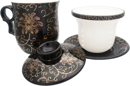Porcelain Tea Cup with Infuser Lid and Saucer Sets - Chinese Jingdezhen Ceramics Coffee Mug Teacup Loose Leaf Tea Brewing System for Home Office