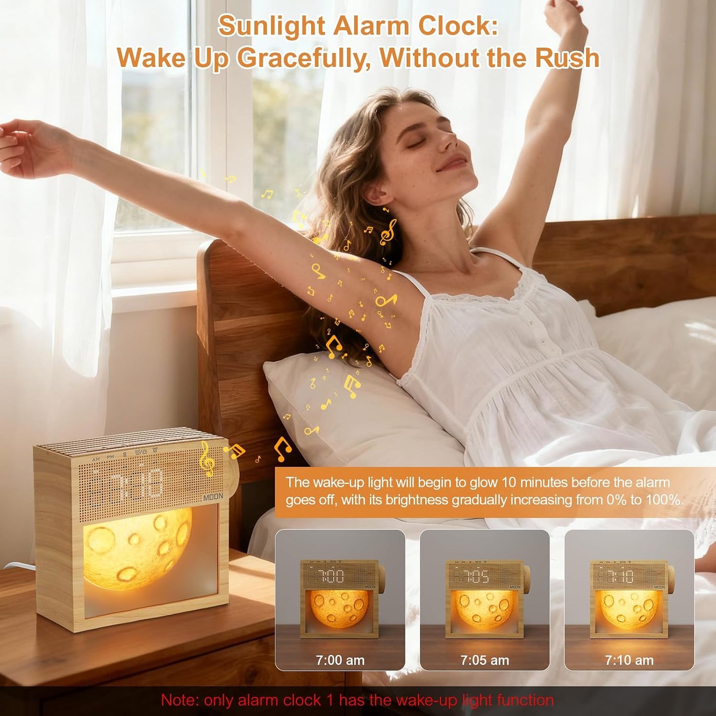 Sound Machine Alarm Clock with Sunrise Wake-Up Light, Plug-in Digital Clock | White Noise Machine with 20 Soothing Sounds for Sleeping, Dual Alarms, Snooze, Timer, Dimm Gentle Moon Night Lamp for Bedroom
