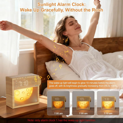 Sound Machine Alarm Clock with Sunrise Wake-Up Light, Plug-in Digital Clock | White Noise Machine with 20 Soothing Sounds for Sleeping, Dual Alarms, Snooze, Timer, Dimm Gentle Moon Night Lamp for Bedroom