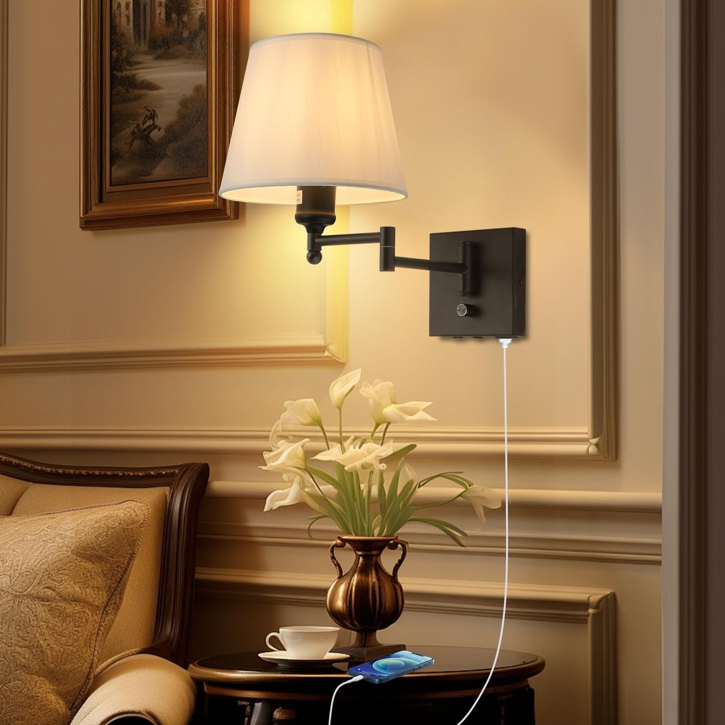 Bedside Wall Mount Light with Dimmable Switch and Outlet, Swing Arm Fabric Shade Wall Sconce Light with USB Port and Plug in Cord, Black Wall Lamp for Bedroom, Living Room and Hotel