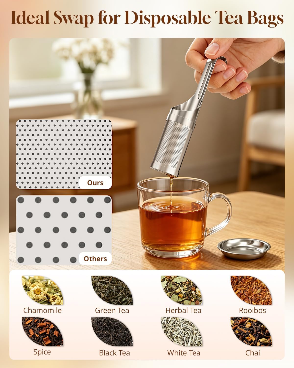 Tea Infuser for Loose Leaf Tea, Stainless Steel Fine Mesh Tea Strainer | 2-in-1 Loose Leaf Tea Steeper, HOUSE AGAIN Tea Filter & Scoop with Long Handle, Easy Fill Reusable Single Cup Tea Ball