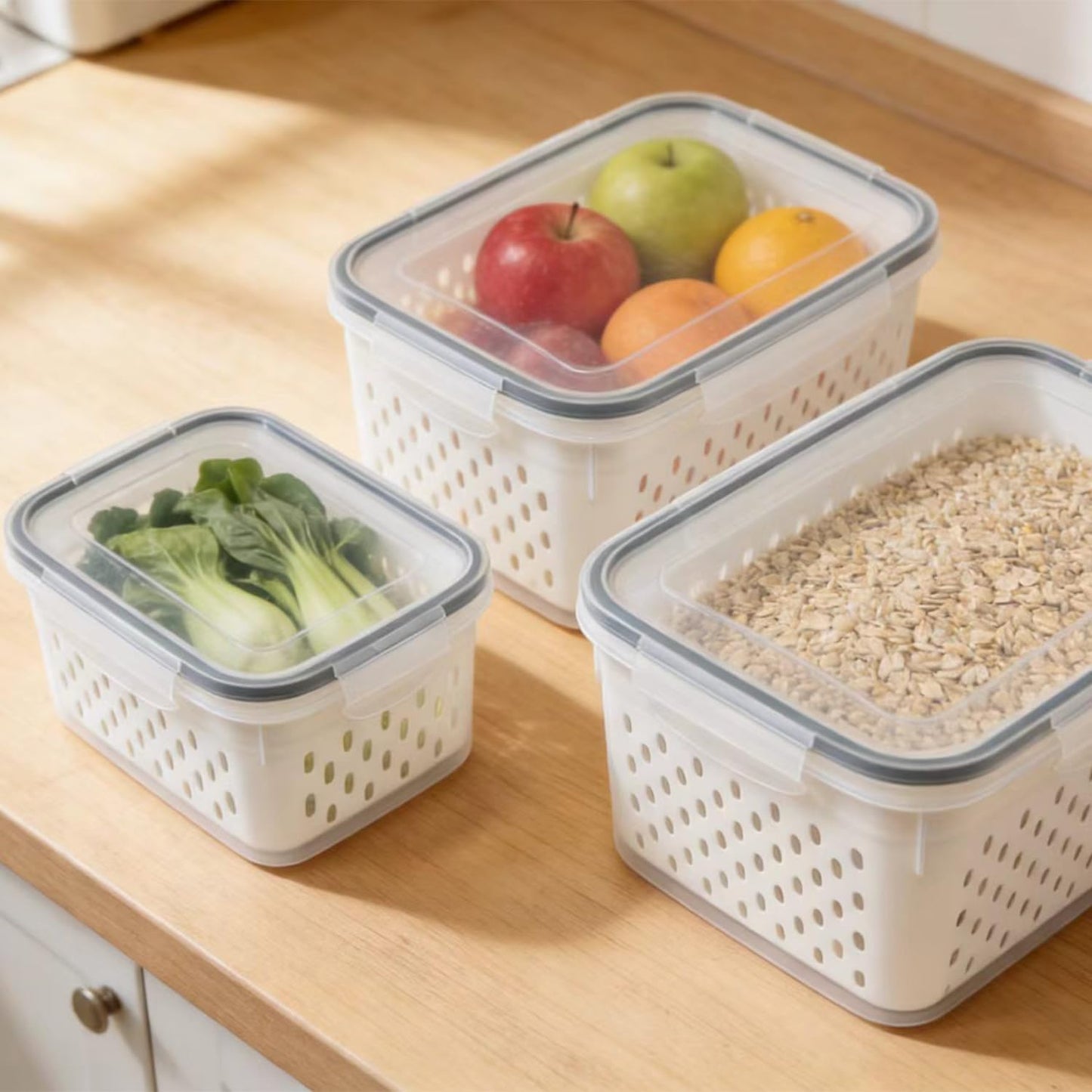 2-in-1 Stackable Food Storage Containers with Lids Airtight, 3 Size Fruit Vegetable Fresh-Keeping Saver with Drain Basket, BPA-Free Fridge Organizer for Berry, Salad, Meat & Produce