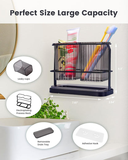 Clear Toothbrush Holders for Bathroom, 2 Cups Wall Mounted, Dry & Wet Separation, Organizers and Storage Set for Family Kids