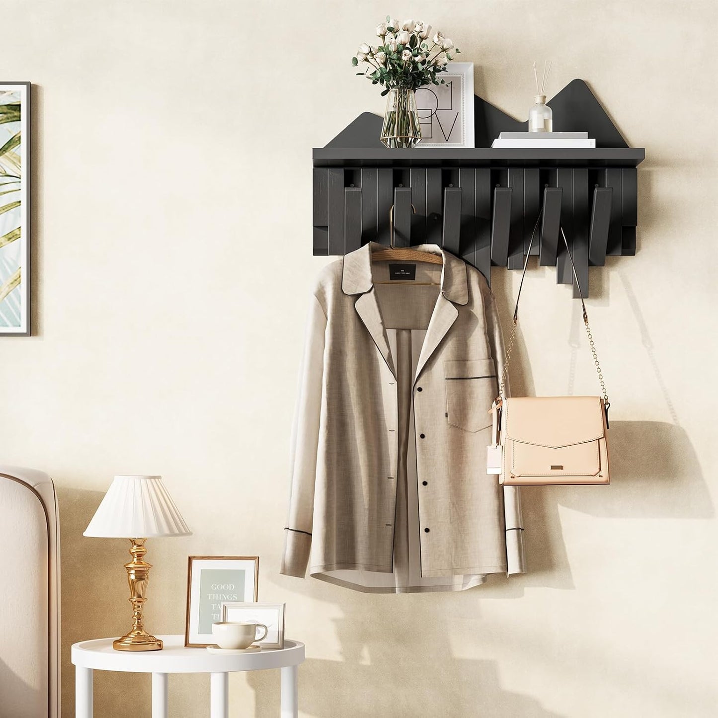 HOOBRO Wall Hooks with Shelf, Coat Rack with Shelf Wall-Mounted, Entryway Wall Key Holder, Hat Rack for Walls, Purse Hanger for Wall, Entryway Hanging Shelf with 6 Retractable Pegs, Black BK46YM01